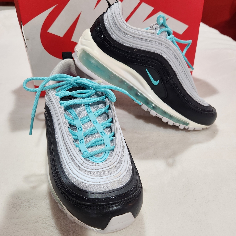 Nike Women's Air Max 97 Platinum,Black and Aurora Green Sneakers, Size 5.5